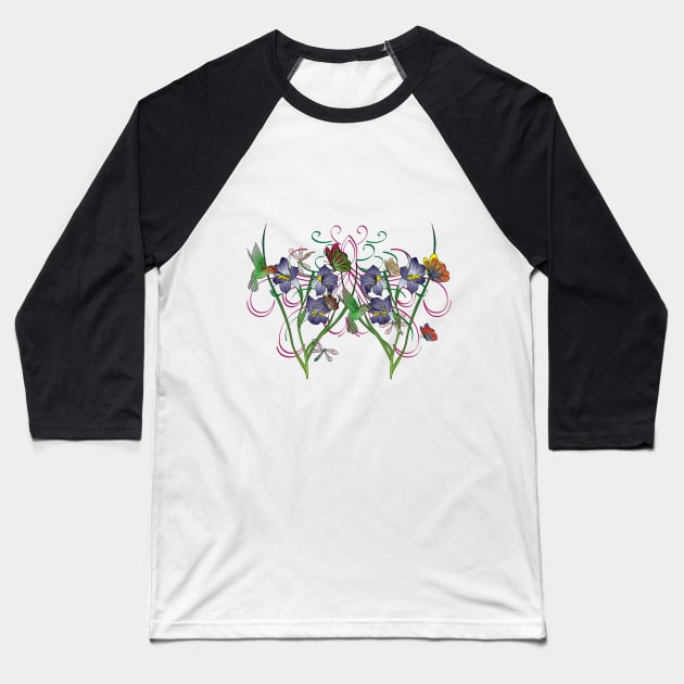 Flowers with Hummingbirds Baseball T-Shirt by OrangeEdenDesigns